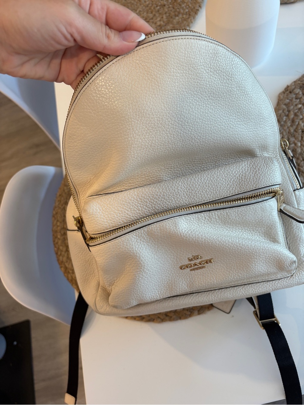 Coach Cream Pebbled Leather Mini Backpack with Gold Hardware Accent